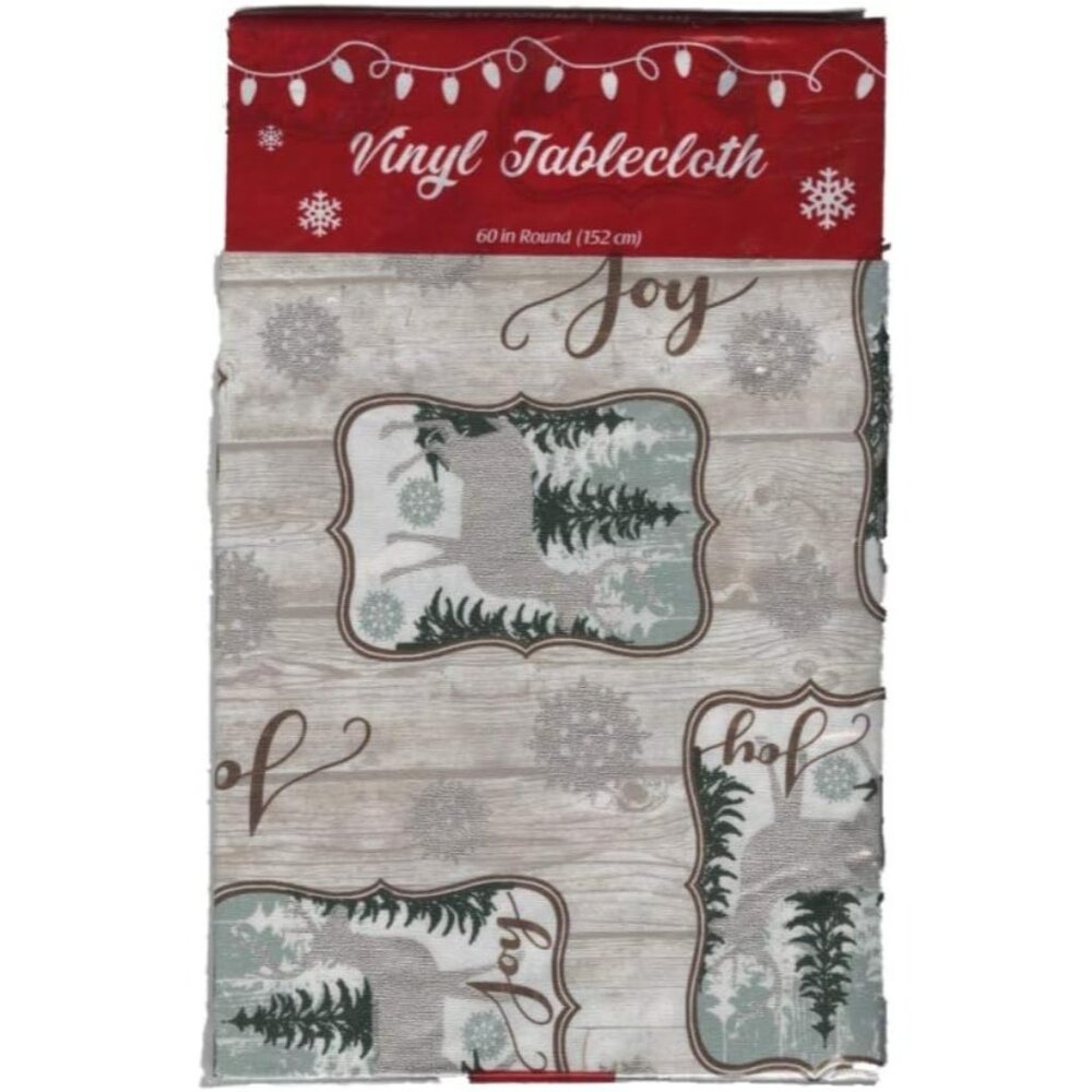 Holiday Vinyl Tablecloth - Joy Themed Cover (60" Round)